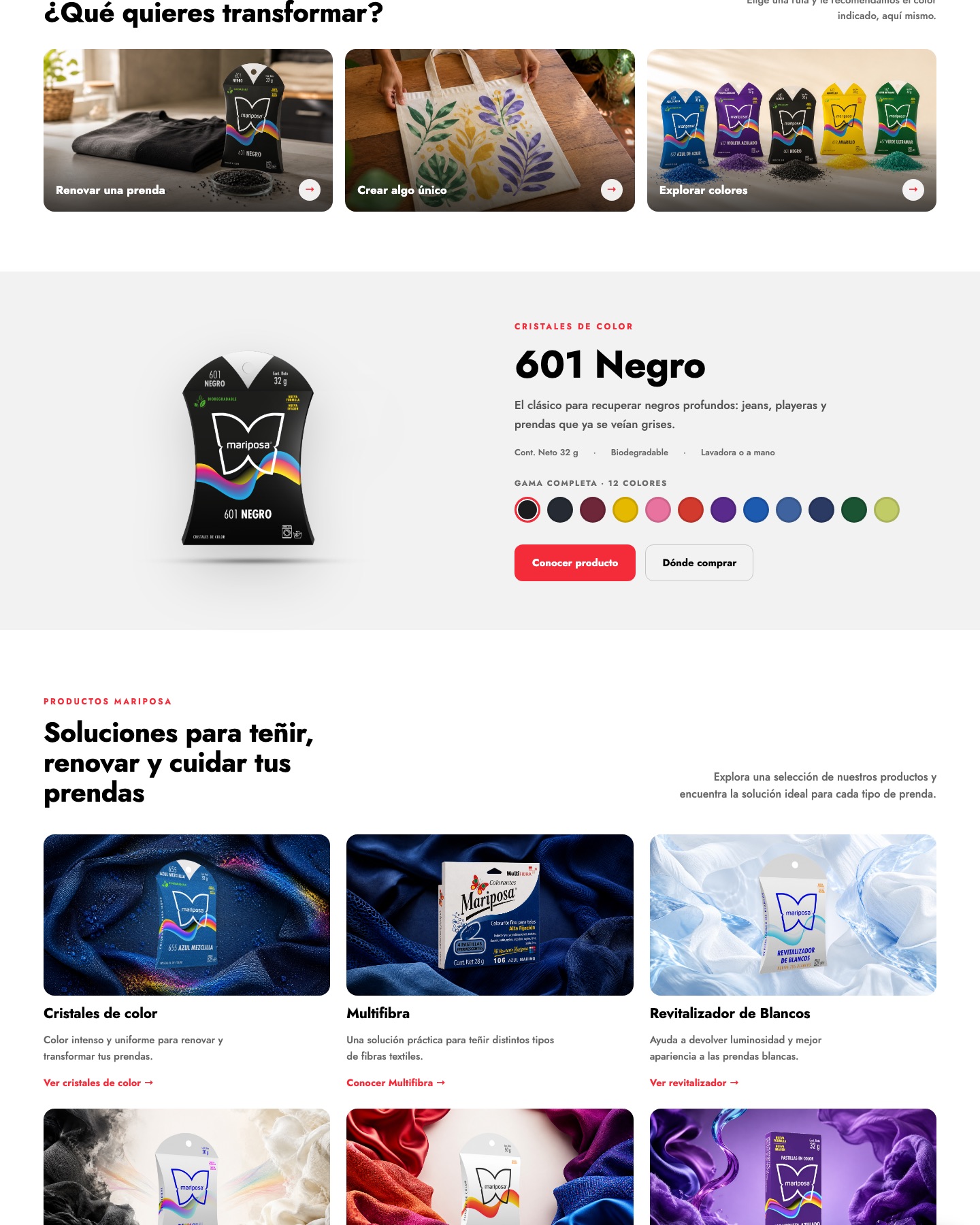 Secciones de la propuesta: ¿Qué quieres transformar?, producto destacado y catálogo